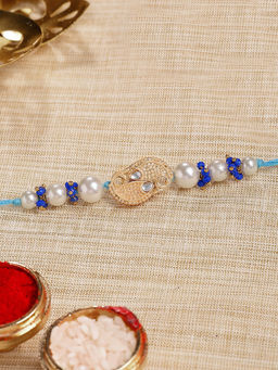 Karatcart - Gold Plated Fish Design Blue Crystal Kundan Bhaiya Rakhi with Roli Chawal