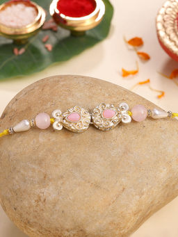 Karatcart - Gold Plated Pink Beads Kundan Bhaiya Rakhi with Roli & Chawal