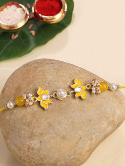 Karatcart - Gold Plated Yellow Meena Lotus Kundan Bhaiya Rakhi with Roli & Chawal