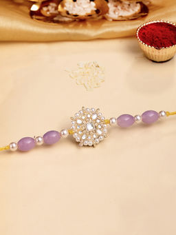 Karatcart - Gold Plated Purple Beads Floral Kundan Bhaiya Rakhi with Roli & Chawal