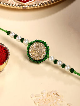 Karatcart - Gold Plated Green Crystal Floral Kundan Bhaiya Rakhi with Roli & Chawal