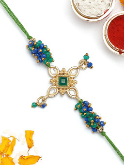 Karatcart - Gold Plated Multi-Color Crystal Floral Kundan Bhaiya Rakhi with Roli & Chawal
