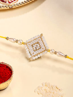 Karatcart - Gold Plated White Pearl Floral Kundan Bhaiya Rakhi with Roli & Chawal