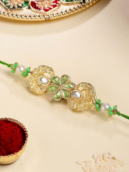 Karatcart - Gold Plated Lime Green Crystal Floral Kundan Bhaiya Rakhi with Roli Chawal