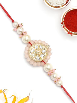 Karatcart - Gold Plated Pink Crystal Floral Kundan Bhaiya Rakhi with Roli & Chawal