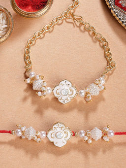 Karatcart - Gold Plated White Floral Bhaiya Bhabhi Rakhi with Roli & Chawal (Pack of 2)