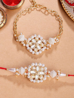 Karatcart - White Gold Plated Pearl Studded Floral Bhaiya Bhabhi Rakhi with Roli & Chawal (Pack of 2)