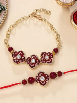 Karatcart - Gold Plated Red Floral Bhaiya Bhabhi Rakhi with Roli & Chawal (Pack of 2)