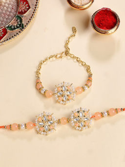 Karatcart - Gold Plated Peach Beads Floral Bhaiya Bhabhi Rakhi with Roli Chawal (Pack of 2)