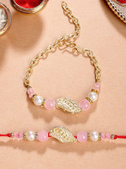 Karatcart - Multi-Color Gold Plated Beads Feather Bhaiya Bhabhi Rakhi with Roli Chawal (Pack of 2)