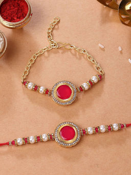 Karatcart - Gold Plated Red Polki & Pearl Bhaiya Bhabhi Rakhi with Roli & Chawal (Pack of 2)
