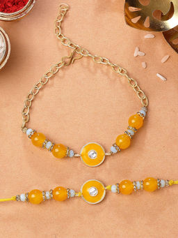 Karatcart - Gold Plated Yellow Floral Bhaiya Bhabhi Rakhi with Roli & Chawal (Pack of 2)