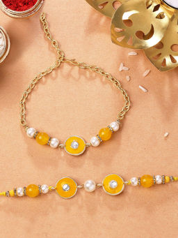 Karatcart - Gold Plated Yellow & Pearl Bhaiya Bhabhi Rakhi with Roli & Chawal (Pack of 2)