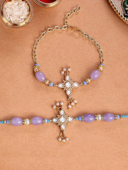 Karatcart - Gold Plated Purple Beads Floral Bhaiya Bhabhi Rakhi with Roli & Chawal (Pack of 2)