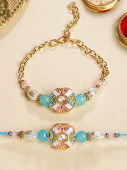 Karatcart - Gold Plated Multi-Color Beads Floral Bhaiya Bhabhi Rakhi with Roli & Chawal (Pack of 2)