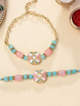 Karatcart - Multi-Color Gold Plated Beads Enamel Bhaiya Bhabhi Rakhi with Roli & Chawal (Pack of 2)