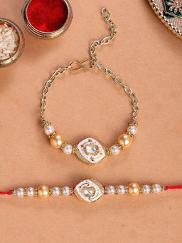 Karatcart - Multi-Color Golden Pearl Bhaiya Bhabhi Rakhi with Roli & Chawal (Pack of 2)