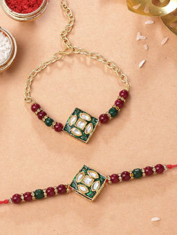 Karatcart - Multi-Color Beads Polki Bhaiya Bhabhi Rakhi with Roli & Chawal (Pack of 2)