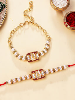 Karatcart - Gold Plated White Enamel & Pearl Bhaiya Bhabhi Rakhi with Roli & Chawal (Pack of 2)