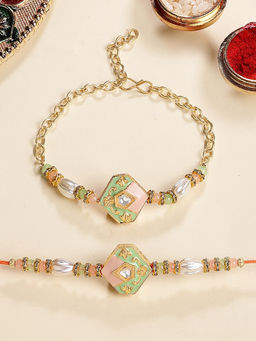 Karatcart - Gold Plated Multi-Color Enamel Bhaiya Bhabhi Rakhi with Roli & Chawal (Pack of 2)