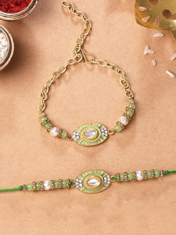 Karatcart - Gold Plated Lime Green Enamel Bhaiya Bhabhi Rakhi with Roli Chawal (Pack of 2)