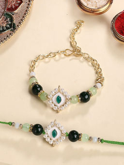 Karatcart - Gold Plated Green Evil Eye Bhaiya Bhabhi Rakhi with Roli & Chawal (Pack of 2)