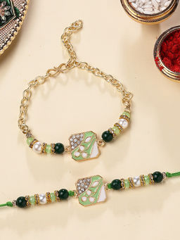Karatcart - Gold Plated Lime Green Bhaiya Bhabhi Rakhi with Roli & Chawal (Pack of 2)