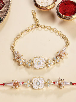 Karatcart - Gold Plated White Floral Bhaiya Bhabhi Rakhi with Roli Chawal (Pack of 2)