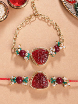 Karatcart - Gold Plated Red Carved Stone Bhaiya Bhabhi Rakhi with Roli & Chawal (Pack of 2)