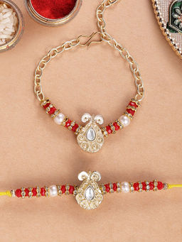 Karatcart - Gold Plated Red Beads Bhaiya Bhabhi Rakhi with Roli & Chawal (Pack of 2)