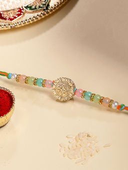 Karatcart - Gold Plated Multi-Color Beads Kundan Bhaiya Rakhi with Roli & Chawal