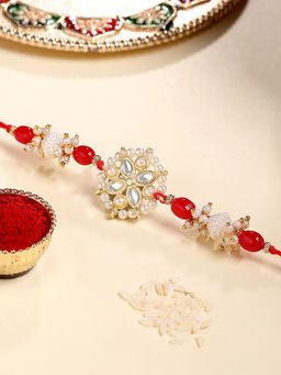 Karatcart - Gold Plated Multi-Color Beads Kundan Bhaiya Rakhi with Roli & Chawal