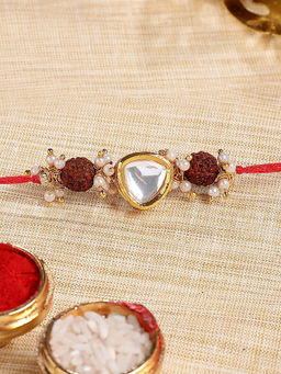 Karatcart - Multi-Color Gold Plated Polki Kundan Rudraksha Studded Rakhi with Roli & Chawal