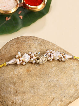 Karatcart - White Gold Plated Fish Design Kundan Bhaiya Rakhi with Roli & Chawal