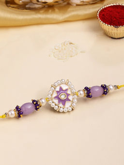 Karatcart - Gold Plated Purple Meena Kundan Bhaiya Rakhi with Roli & Chawal
