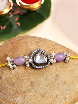 Karatcart - Purple Beads Polki Kundan Bhaiya Rakhi with Roli & Chawal