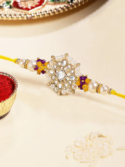 Karatcart - Gold Plated Multi-Color Floral Kundan Bhaiya Rakhi with Roli & Chawal