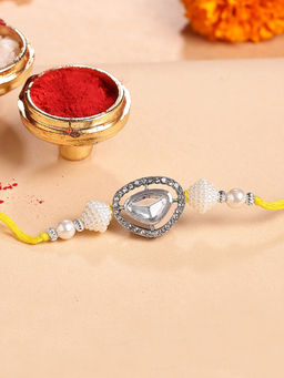 Karatcart - White Beads Polki Kundan Bhaiya Rakhi with Roli & Chawal