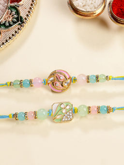 Karatcart - Green Enamel Kundan Rakhi with Roli & Chawal (Pack of 2)