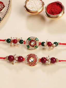Karatcart - Multi-Color Enamel Floral Kundan Rakhi with Roli & Chawal (Pack of 2)