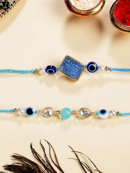 Karatcart - Blue Carved Stone Evil Eye Kundan Rakhi with Roli & Chawal (Pack of 2)