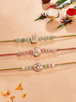 Karatcart - Multi-Color Beaded Enamel Kundan Rakhi with Roli & Chawal (Pack of 3)
