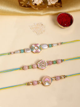 Karatcart - Multi-Color Pastel Enamel Kundan Rakhi with Roli Chawal (Pack of 3)