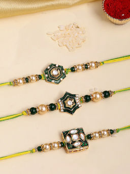 Karatcart - Green Enamel Star Design Kundan Rakhi with Roli & Chawal (Pack of 3)