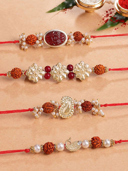 Karatcart - Red Carved Stone & Rudraksha Kundan Rakhi with Roli & Chawal (Pack of 4)