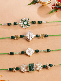 Karatcart - Green Carved Stone Floral Kundan Rakhi with Roli & Chawal (Pack of 4)