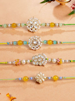 Karatcart - Multi-Color Floral Kundan Rakhi with Roli & Chawal (Pack of 4)