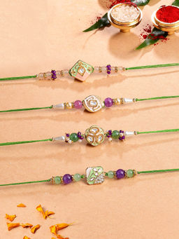 Karatcart - Multi-Color Beads Traditional Kundan Rakhi with Roli & Chawal (Pack of 4)