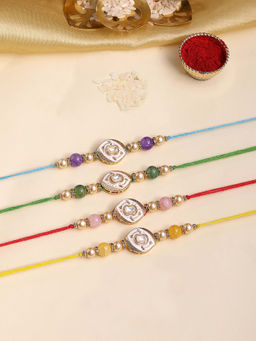 Karatcart - Multi-Color Pastel Beads Enamel Kundan Rakhi with Roli Chawal (Pack of 4)