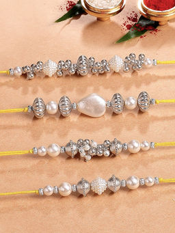 Karatcart - Silver Beads and Pearl Kundan Rakhi with Roli Chawal (Pack of 4)